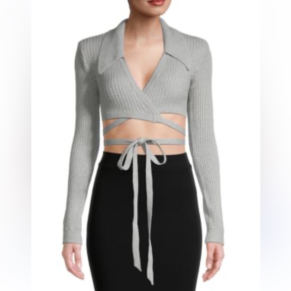 DANIELLE BERNSTEIN Cable-Knit Wrap Sweater Gray Women L Cropped Knit Top casual